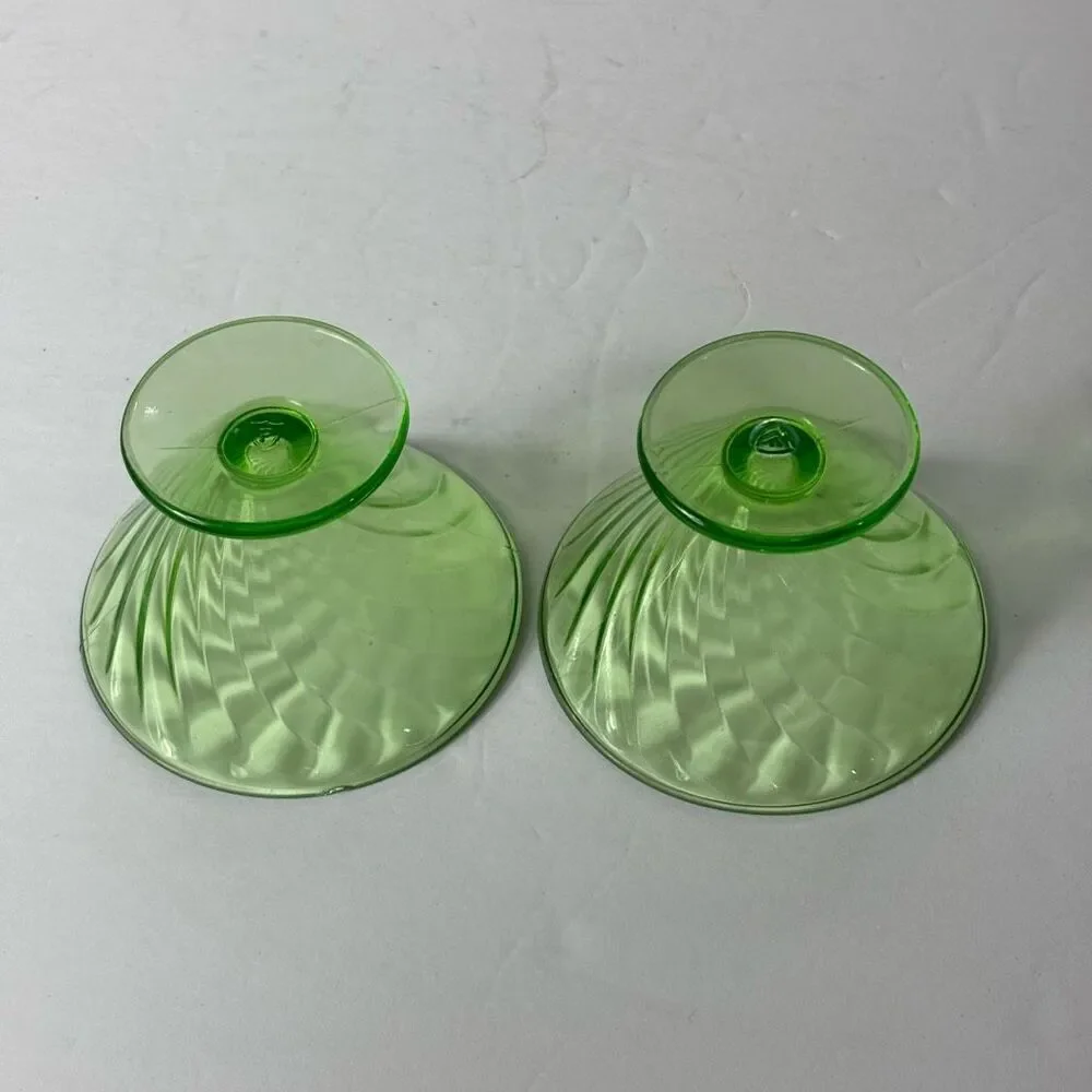 Vintage FEDERAL Swirled Green Depression Glass Sherbert Dish Set of Two